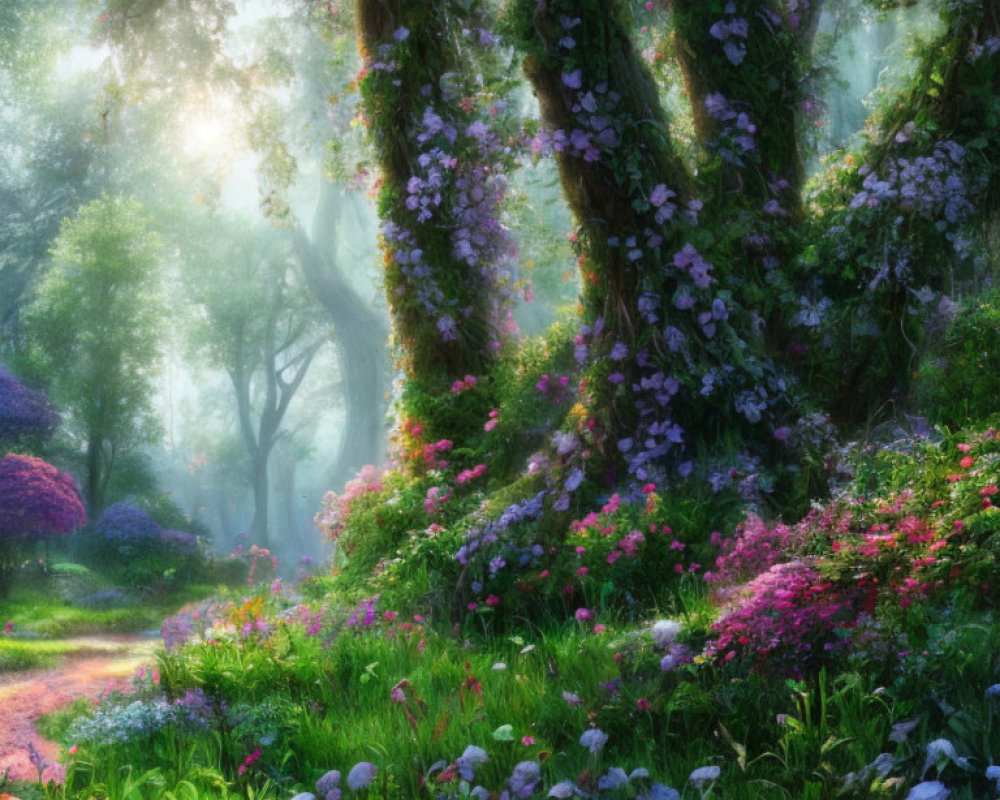 Enchanting forest scene with sunlight, purple flowers, vibrant bushes