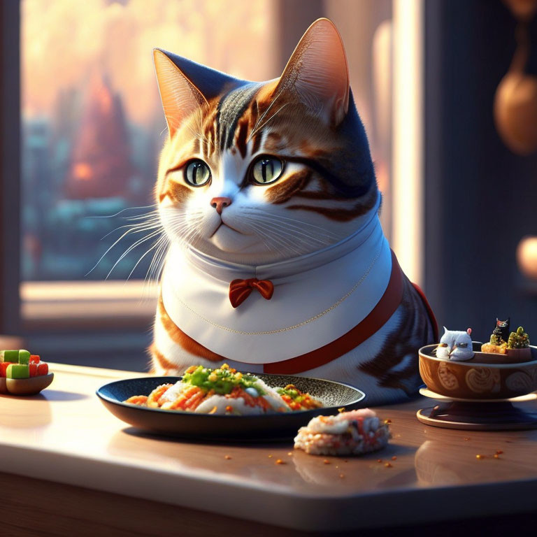 Stylized cat with collar and bow admiring sushi plates in soft sunlight