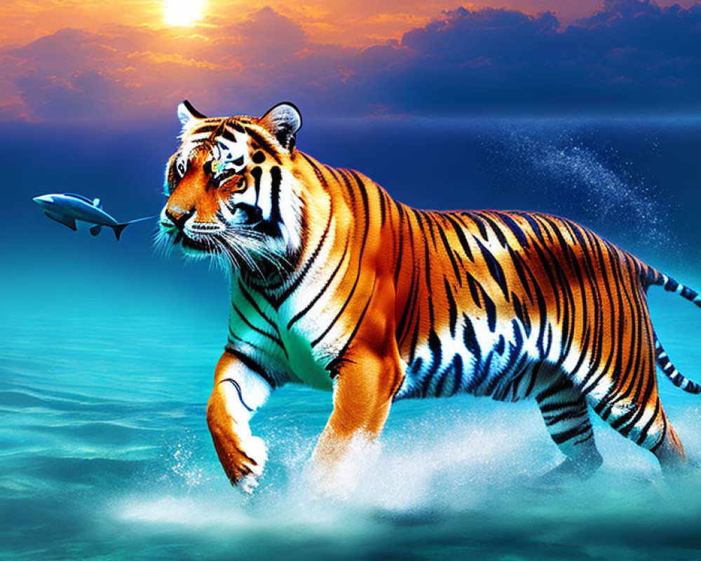 Tiger in water at sunset with silhouetted fish - Dreamlike scene