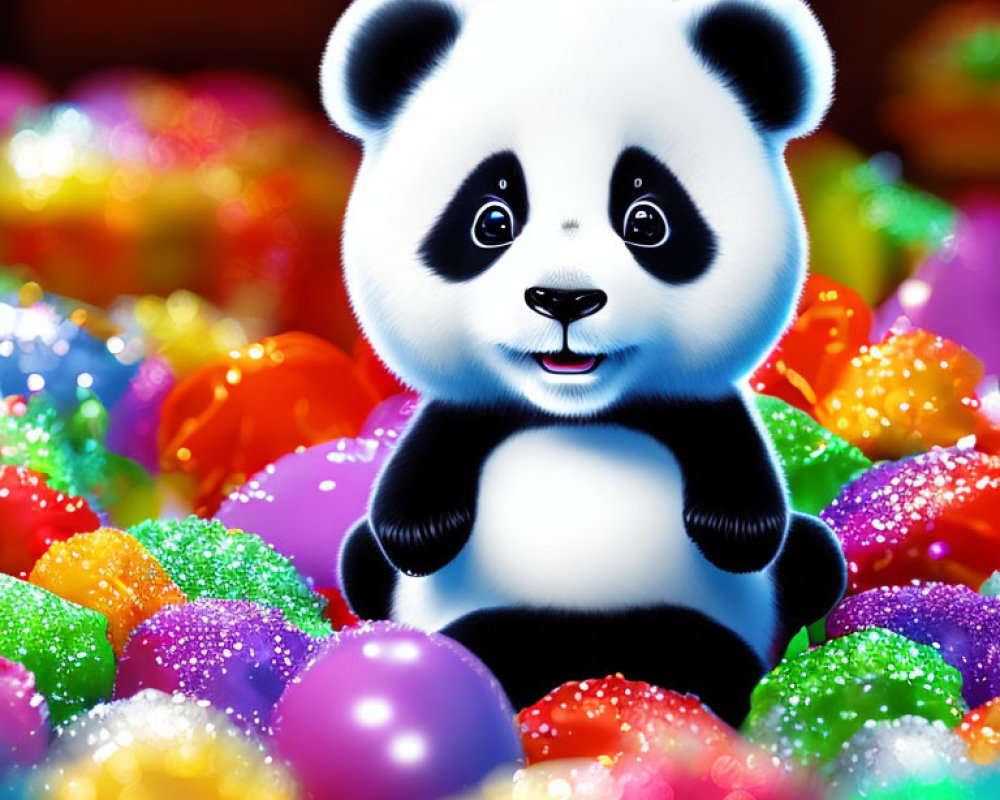 Colorful Panda Illustration with Glittery Orbs and Bokeh Background