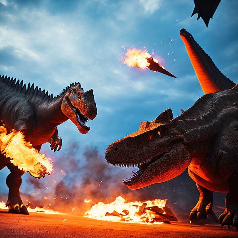 Fierce dinosaurs breathing fire in blazing dusk scene