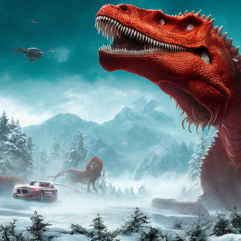 Two dinosaurs in snowy landscape with fleeing car