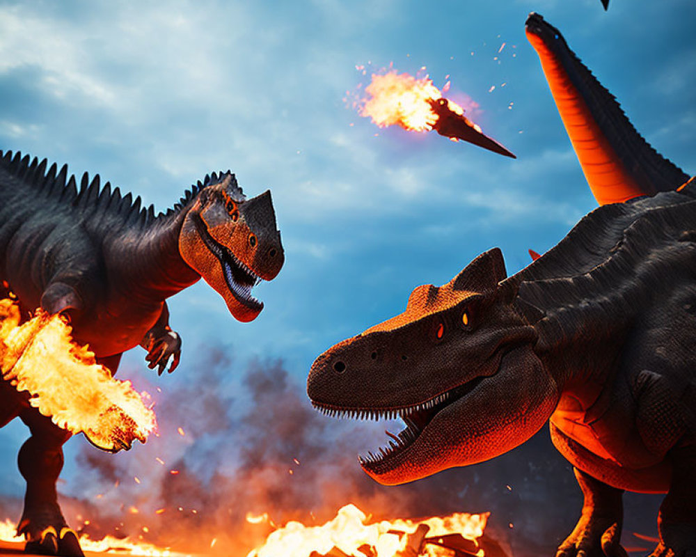 Fierce dinosaurs breathing fire in blazing dusk scene