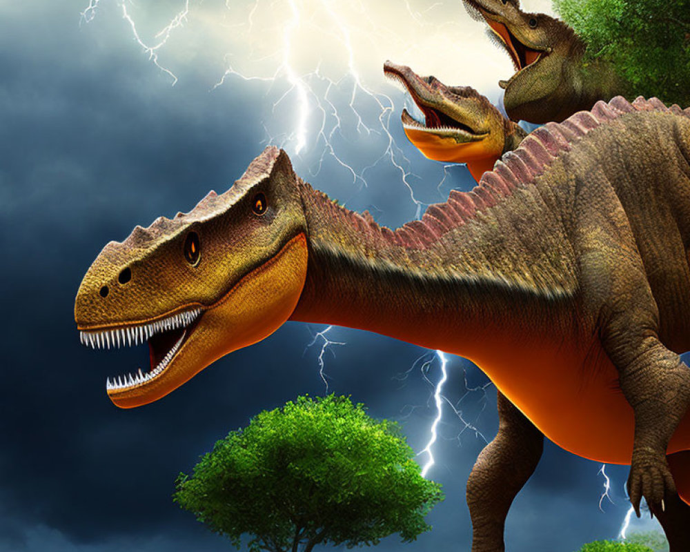 Three dinosaurs with frills and sharp teeth roaring under stormy sky with lightning bolts