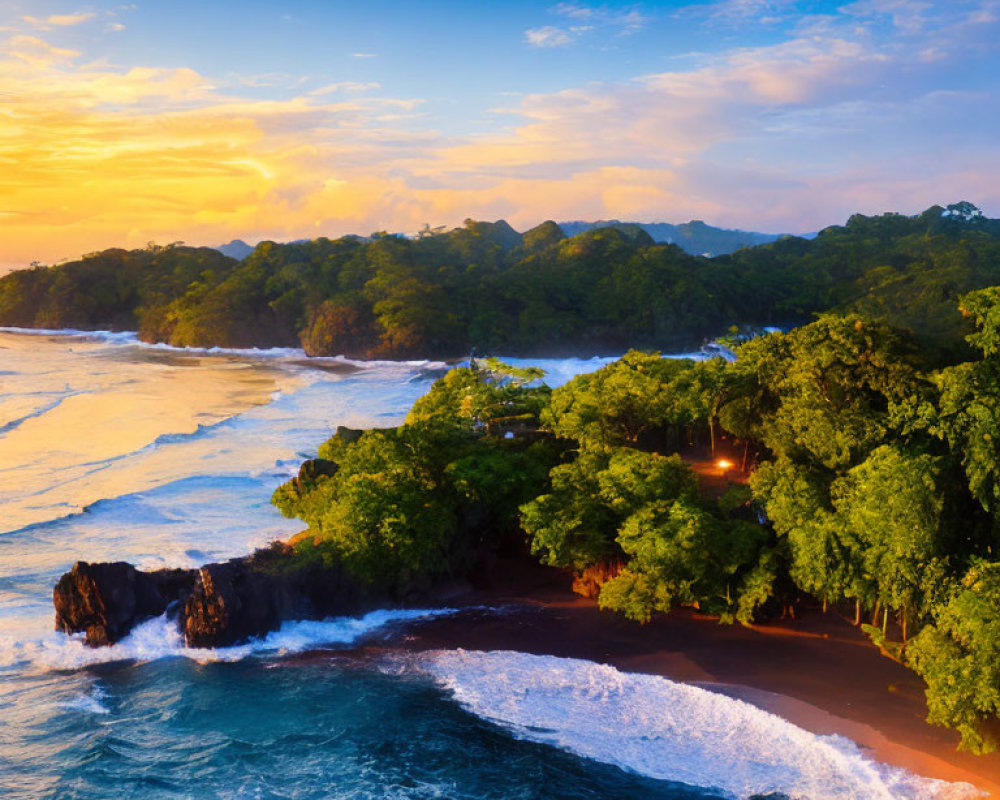 Tropical Coastline with Lush Forest and Black Sandy Beach