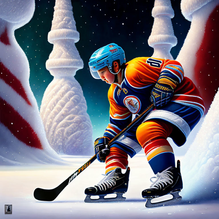 Colorful Hockey Player Focuses on Puck in Winter Scene