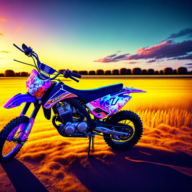Colorful motocross bike in vibrant sunset field scene