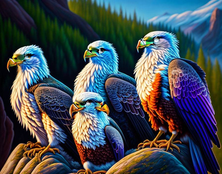 Stylized eagles with blue and white feathers in forest scene