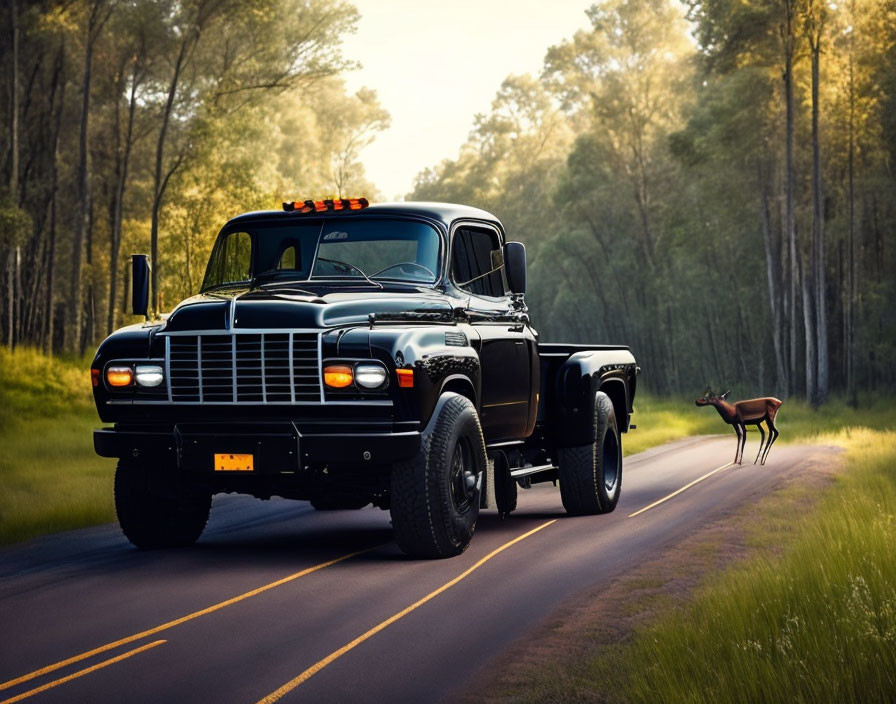 Vintage Black Pickup Truck on Forest Road with Deer and Sunlight