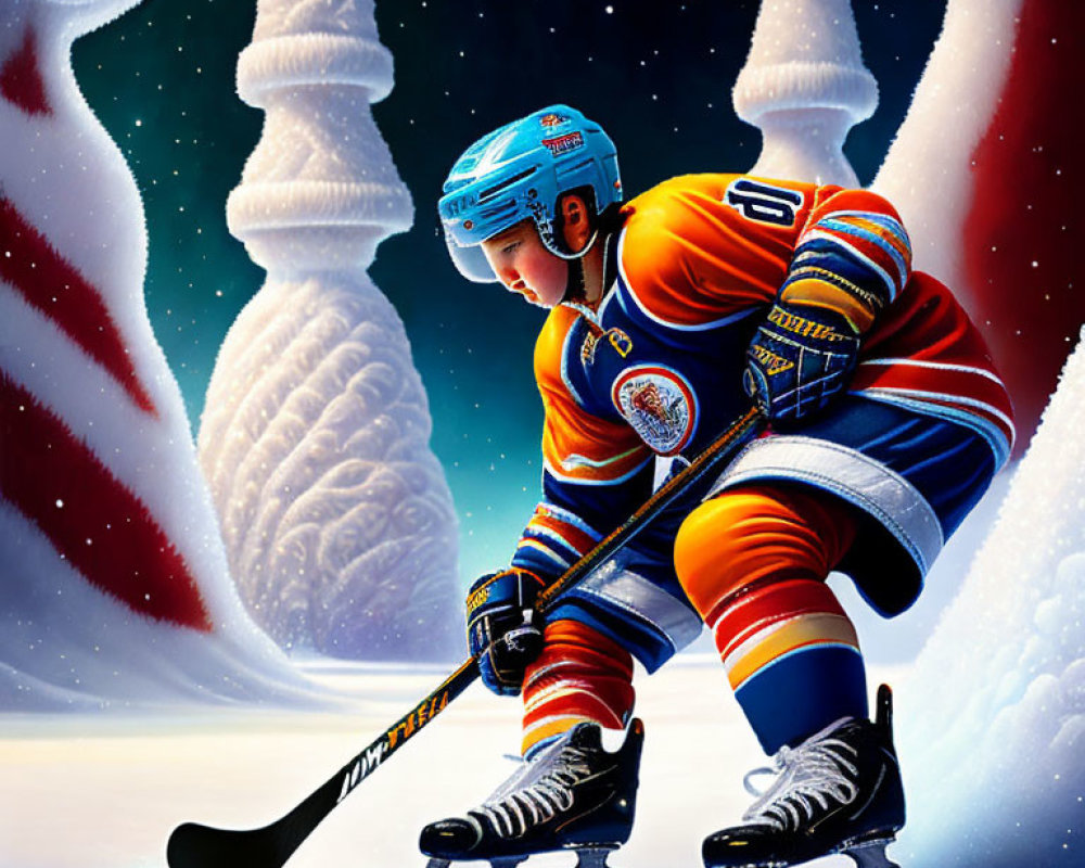 Colorful Hockey Player Focuses on Puck in Winter Scene