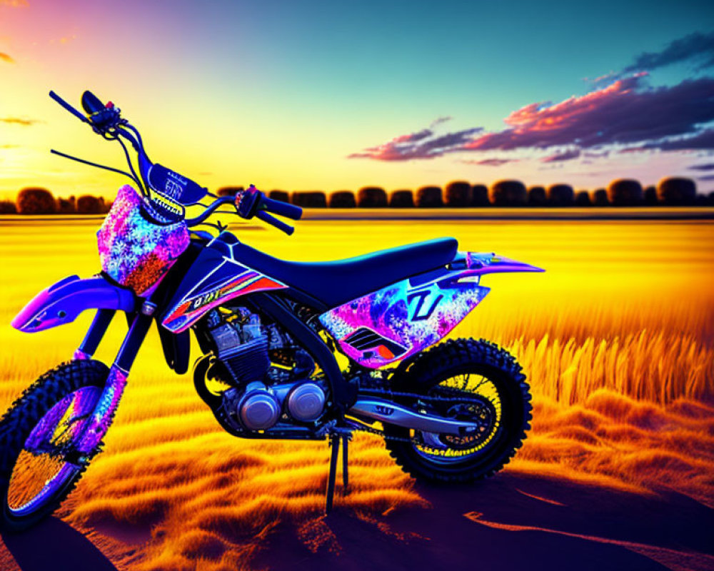 Colorful motocross bike in vibrant sunset field scene