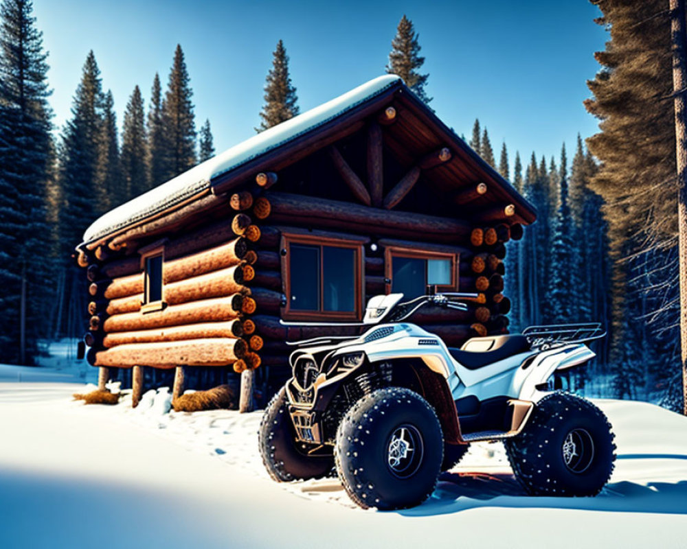 Snow-covered ATV parked in front of cozy log cabin surrounded by snowy pines under clear blue sky
