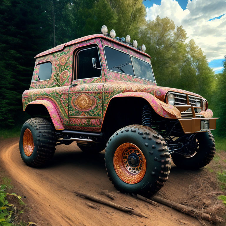 Colorful Off-Road Vehicle with Oversized Tires on Dirt Track