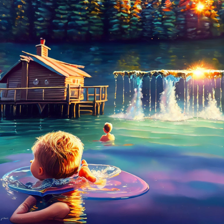 Child with float ring observing swimmer near wooden cabin by tranquil lake