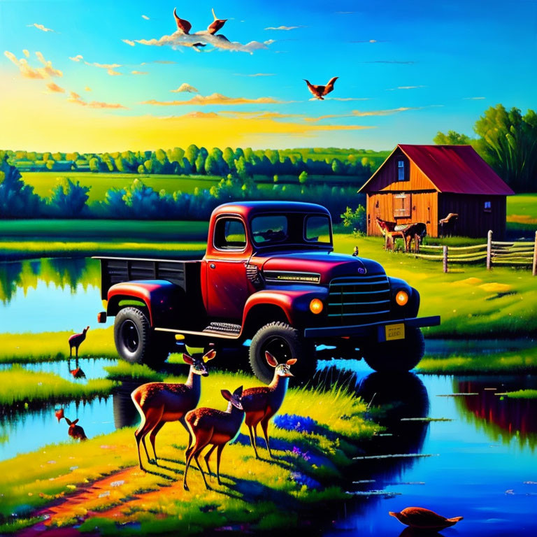 Scenic painting of red truck by lake with wildlife and barn