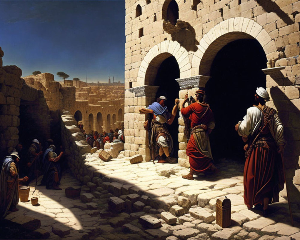 Biblical scene with ancient attire, stone arches, and blue sky