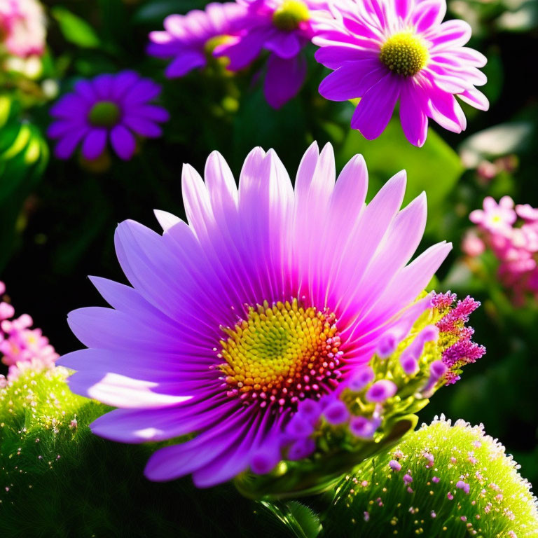 Vibrant purple daisy-like flowers with yellow center in lush greenery