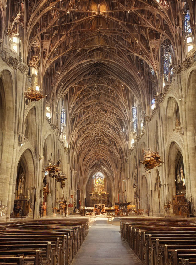 Gothic Cathedral Interior with Arched Vaults and Chandeliers