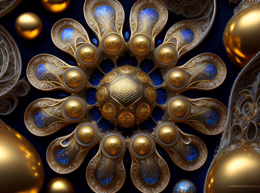 Golden fractal art: intricate designs on dark blue background