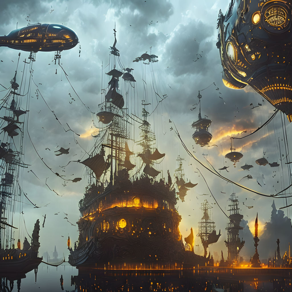 Fantasy steampunk cityscape with flying ships and golden glow