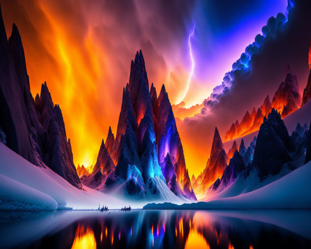 Surreal landscape with fiery skies, jagged peaks, water reflection, and electric blue ice.