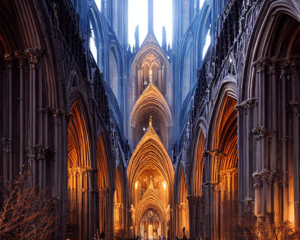 Gothic Cathedral Interior with Tall Arches and Ornate Altar