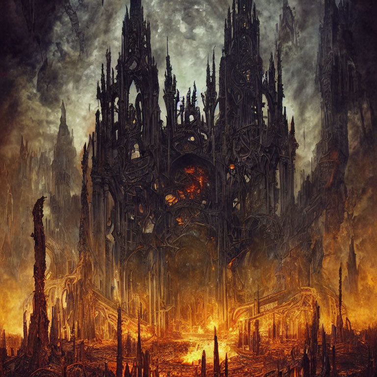 Gothic castle with spires in fiery, apocalyptic landscape