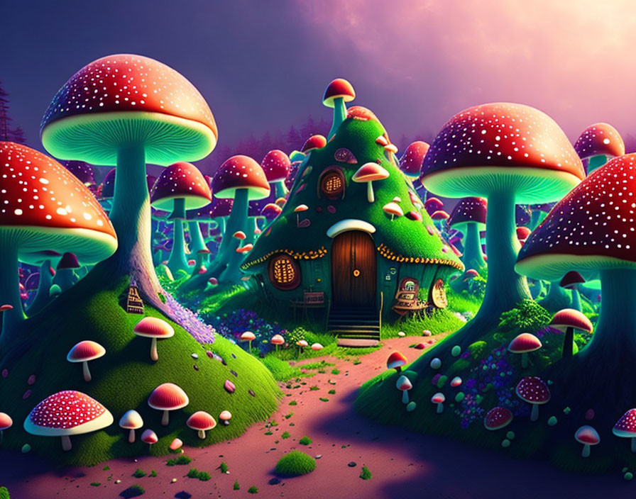 Vibrant forest with oversized bioluminescent mushrooms and cozy mushroom-shaped house