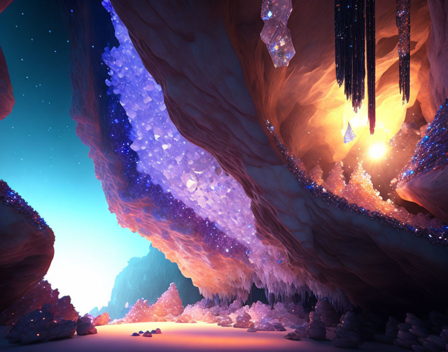 Mystical cave with glowing crystals and stalactites under warm sunset sky