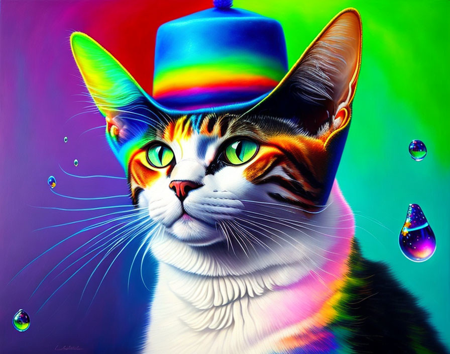 Vibrant hyper-realistic cat painting with rainbow fur and blue hat