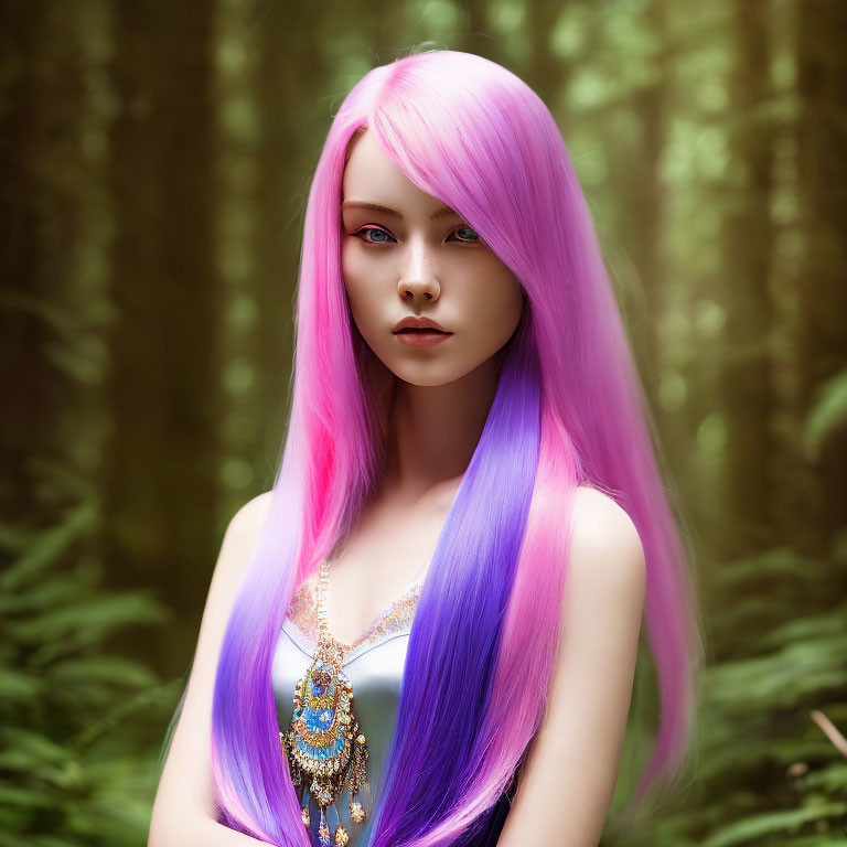 Vibrant pink and purple hair woman in surreal forest portrait