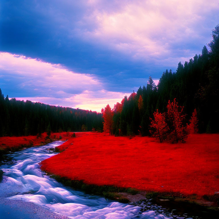 Red meadow, river, pine trees under purple sky at dusk