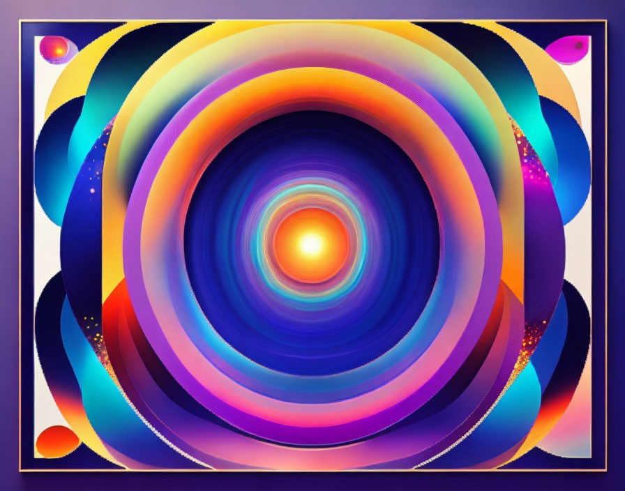 Vibrant concentric circles in blue, orange, and purple on purple background