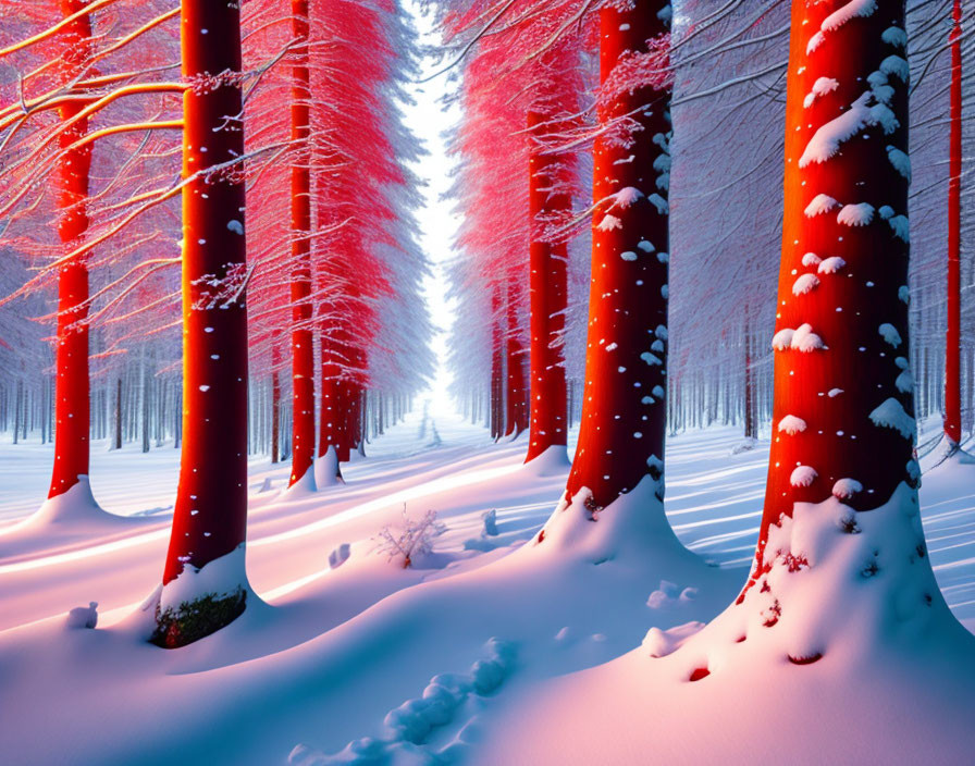 Red-trunked trees in snowy forest: surreal winter scene