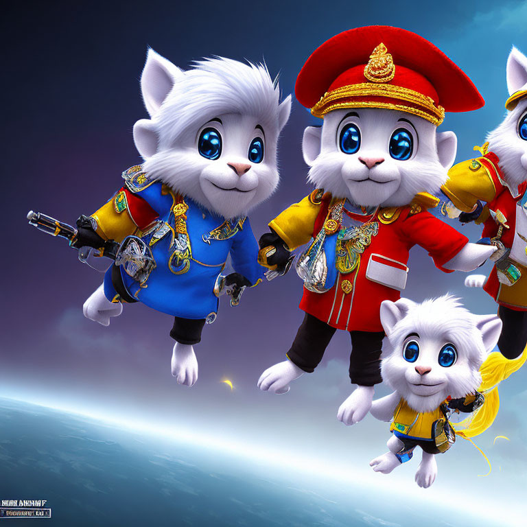 Four anthropomorphic kittens in ceremonial military uniforms flying with determination