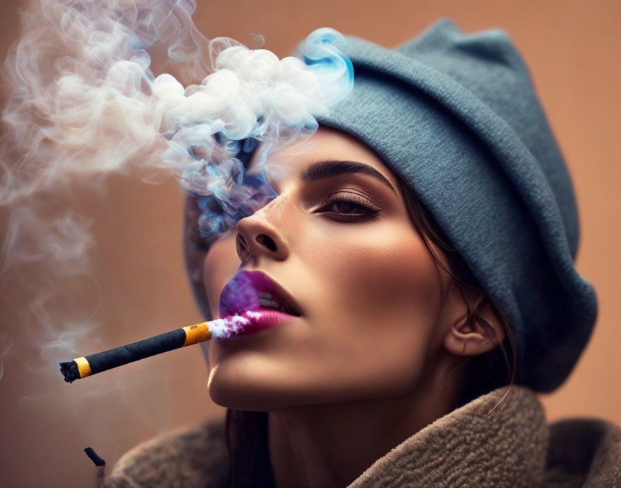 Woman in Blue Beanie Exhales Colorful Smoke