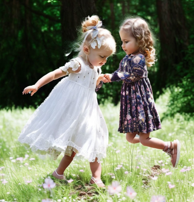 Young girls holding hands in sunny meadow with green trees and pink flowers