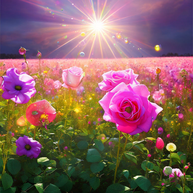 Colorful Flowers Field with Lens Flare and Purple-Pink Sky
