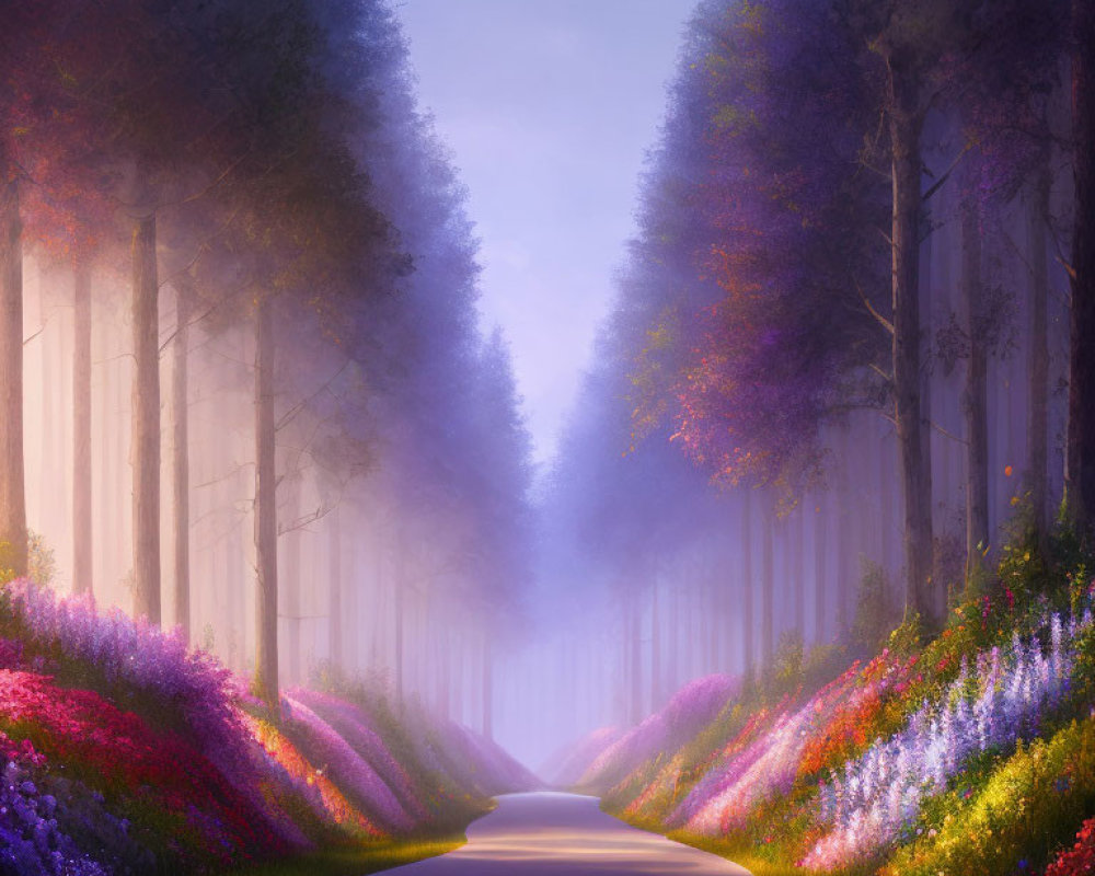 Tranquil Path with Colorful Flowers and Misty Trees under Purple Sky