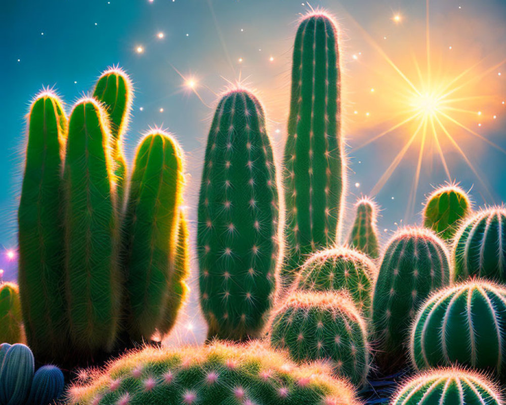 Colorful cactus scene under starry sky with glowing spines