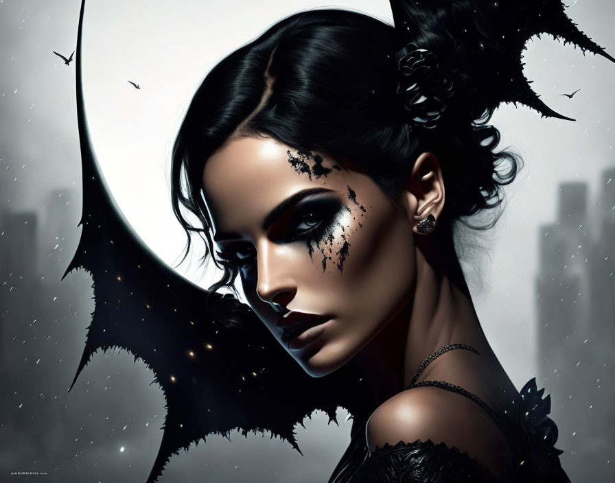Stylized gothic portrait of a woman with dark wing-like structures and city silhouette.
