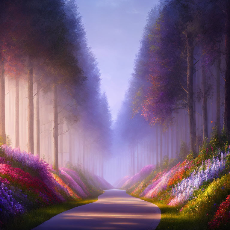 Tranquil Path with Colorful Flowers and Misty Trees under Purple Sky