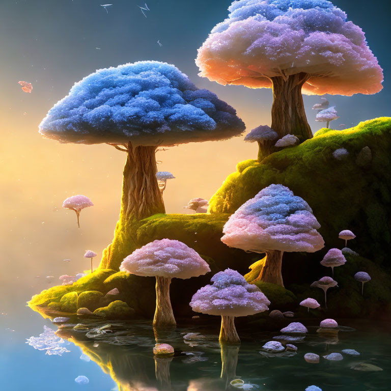 Lush fantasy landscape with oversized mushroom-like trees and smaller floating mushrooms