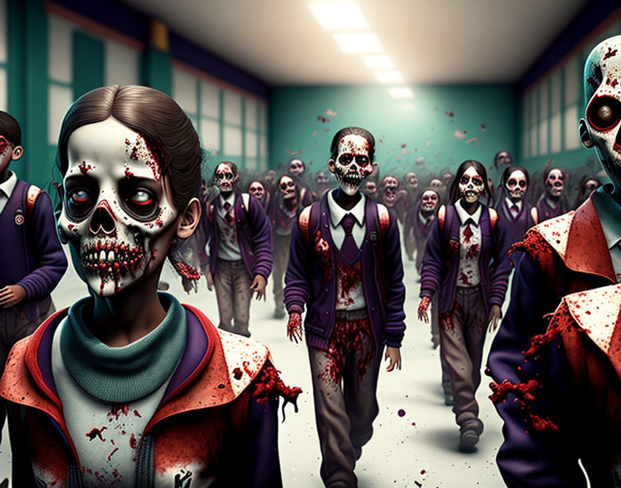 Creepy school uniform-wearing zombie figures in hallway