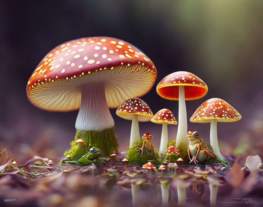 Three frogs in forest setting with red-capped mushrooms and fallen leaves