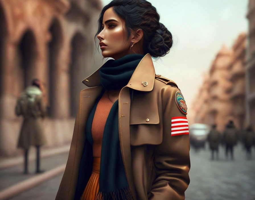 Woman with sleek hairstyle in military coat and scarf on city street.