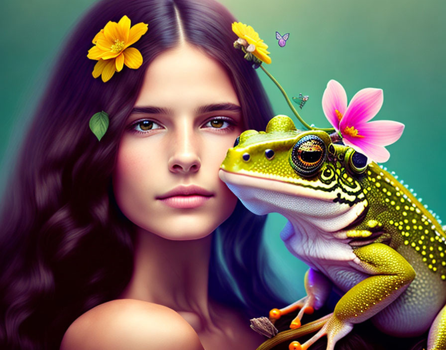 Digital artwork featuring woman with flowered hair and frog, with butterfly.
