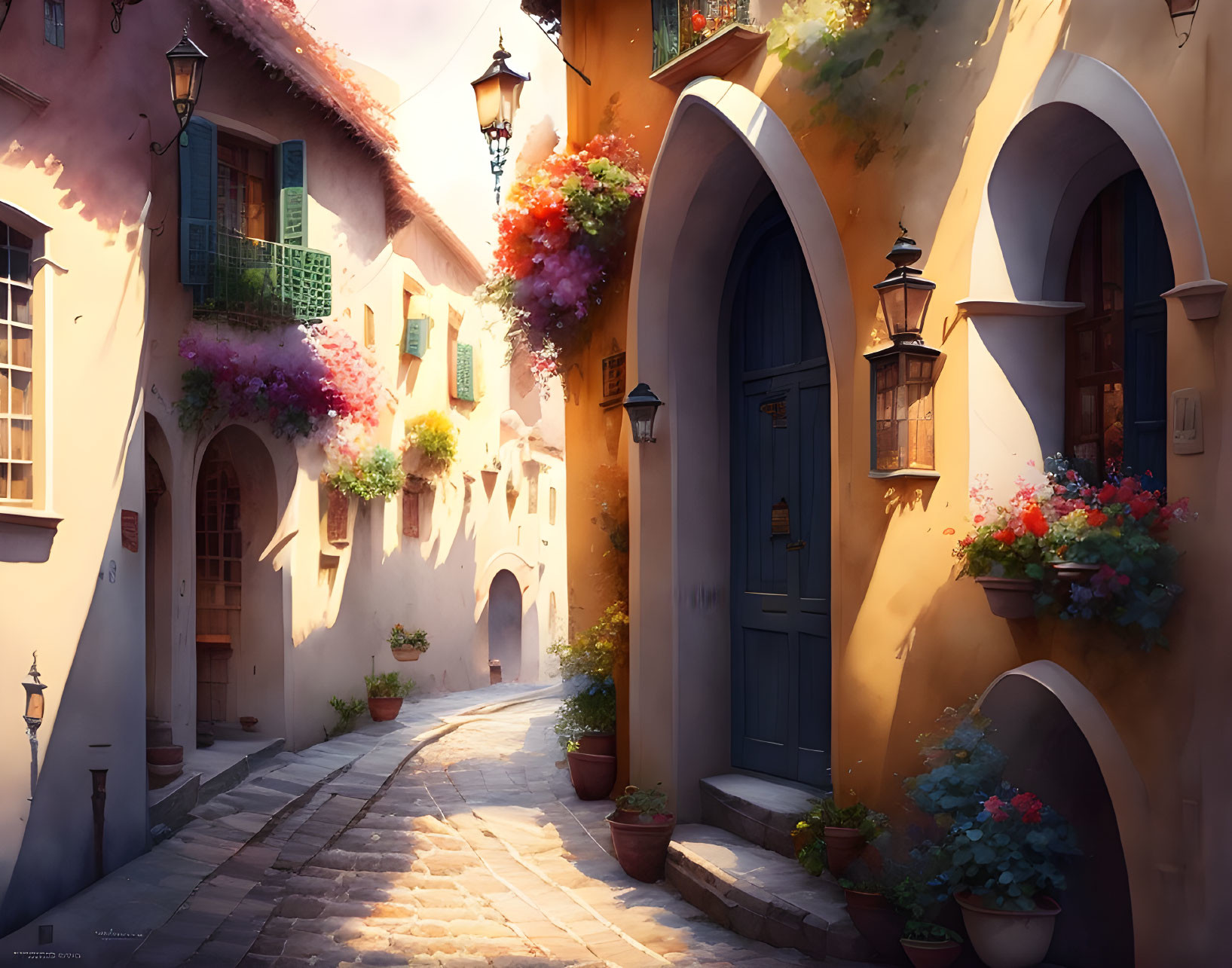 Traditional houses on cobblestone street with colorful flowers and lanterns