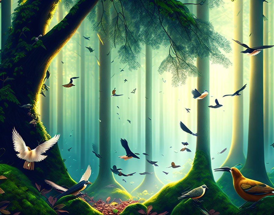 Tranquil forest scene with sunlight, birds, and green hues