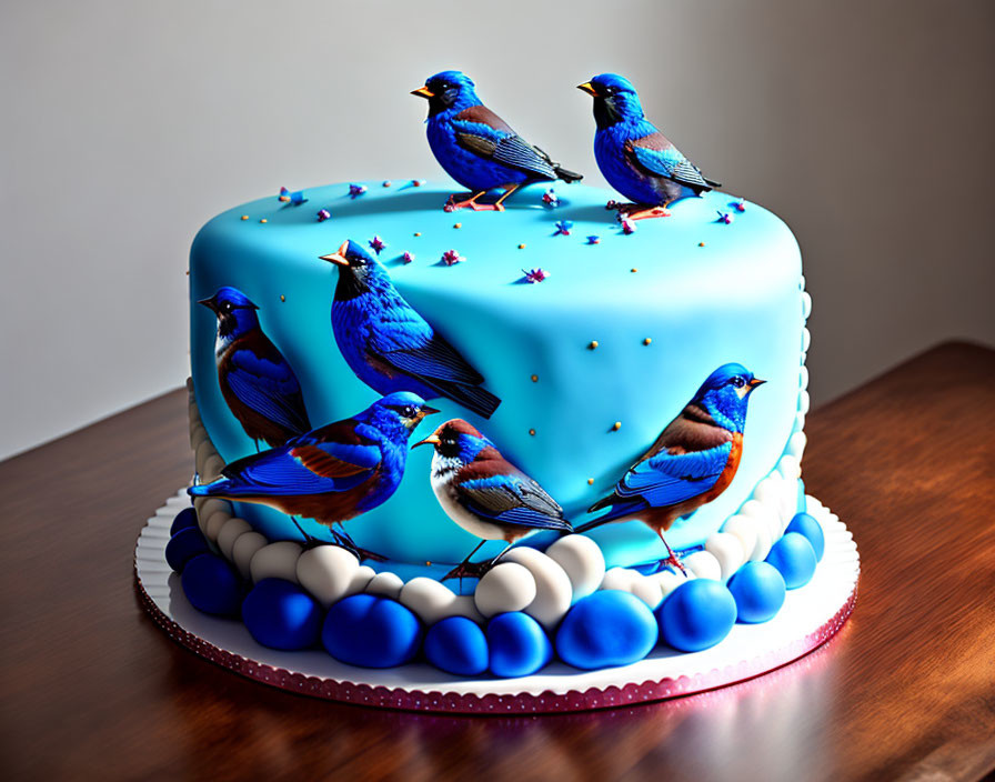 Blue Fondant Cake with Edible Bluebird Figures and White/Blue Ball Decor